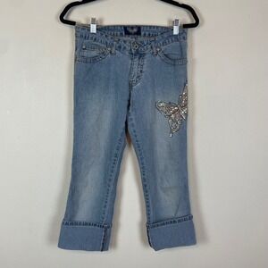 Y2K Angels Junior 9/ Women's 6 Light Wash Butterfly Embellished Capri Jeans